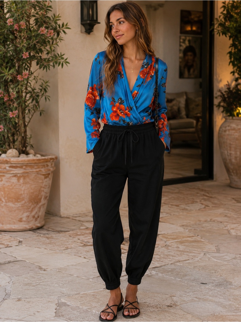 Zara Bright Blue Floral Wrap Bodysuit with Orange Blooms